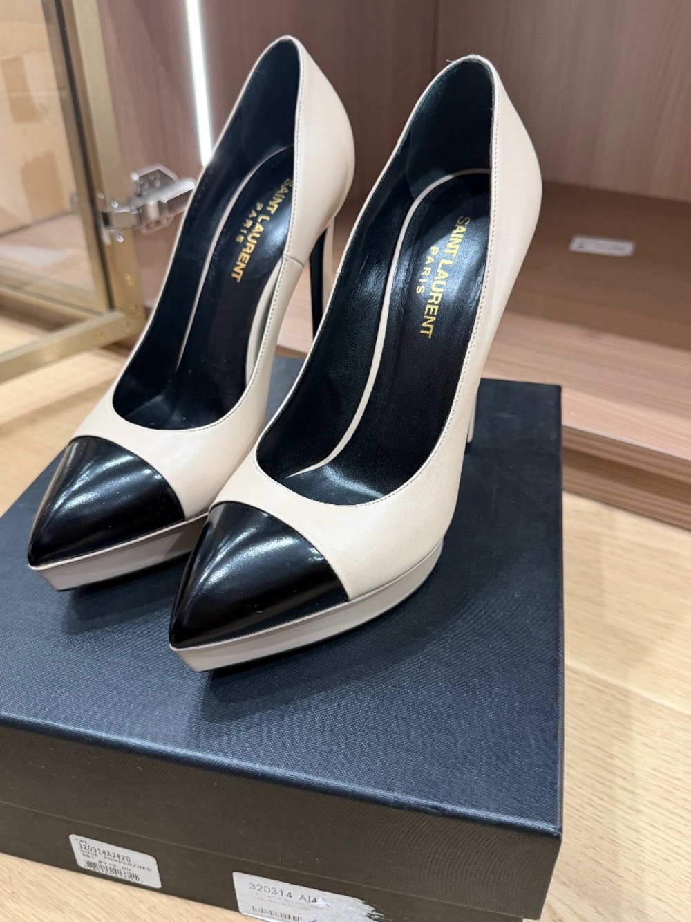 Saint Laurent Paris Nude Powder Black Cap Toe Platform Heels 38+